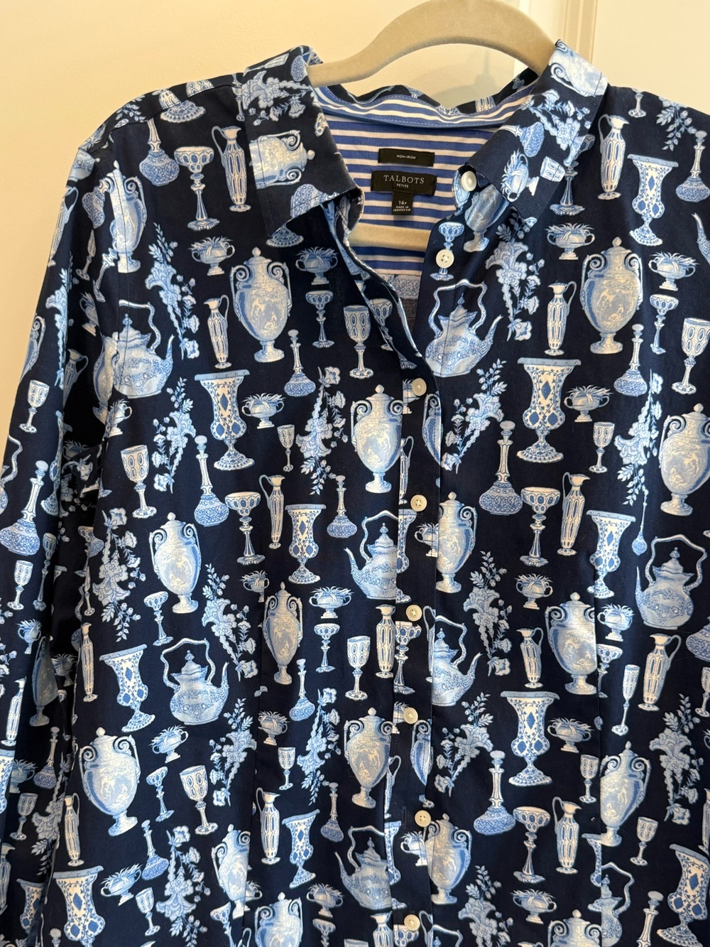 Talbots Navy Blue Shirt with Light Blue Vase Print